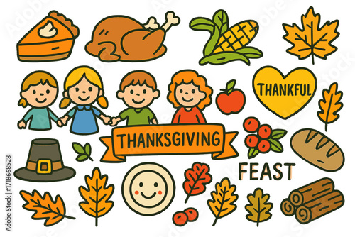 Thanksgiving Doodle Fest. Colorful Hand-drawn doodle Children illustration Thanksgiving celebration pumpkin pie, turkey, corn, leaves, pilgrims hat, apple,