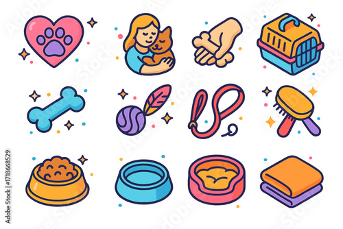 Pet Love Icons. Pet Love. Colorful isometric vector icons set of Pet Love: paw print heart, pet cuddling, treat giving hand, pet carrier, dog toy, cat toy,