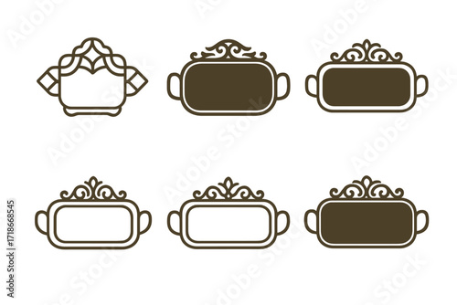 Elegant Jewelry Logo Designs. jewelry tray. Set Logo of jewelry tray: decorative ornate tray. harmonious logo variations of the same emblematic concept, each