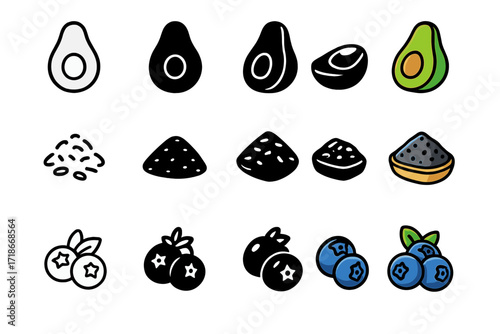 Superfood Icon Variations. Icon Set of Superfoods: Avocado, Chia seeds, Blueberries. Icons set in vector style, emblematic variations. Avocado line, Avocado