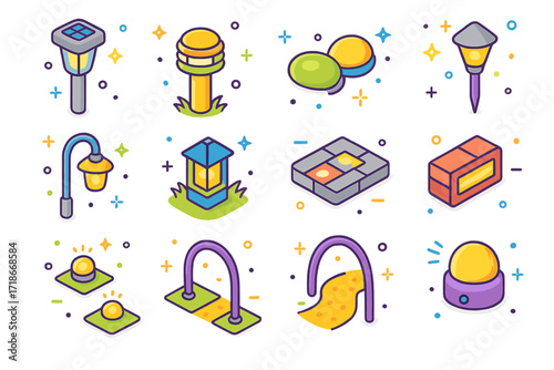 Colorful Garden Lighting Icons. Colorful isometric vector icons set of garden pathway lighting: solar path lights, short bollards, pebble lights, stake LED