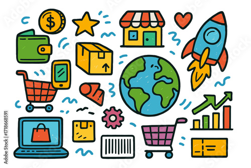 Colorful Trade Icons. Future of trade. Colorful Hand-drawn doodle Children illustration globe, rocket, coin, wallet, shopping cart, laptop, phone, package,