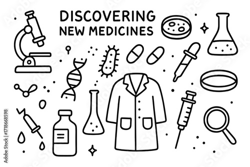 Scientific Discovery Doodles. Hand-drawn doodle illustration Discovering new medicines Microscope, petri dish, test tube, flask, pipette, DNA strand, bacteria,