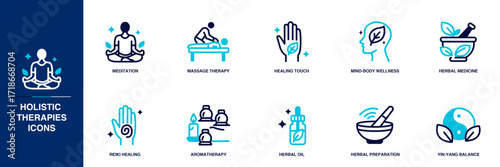 Holistic Therapies Blue Colored Outline Icon Set