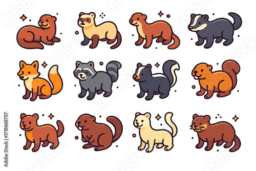 Colorful Animal Icons. Colorful isometric vector icons set of animals related to mink: otter, ferret, weasel, badger, fox, raccoon, skunk, beaver, pine marten,