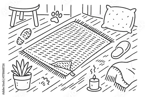 Cozy Rustic Rug Doodle. Hand-drawn doodle illustration Rug in rustic interior [wood floor, woven rug, stool leg, boot print, pet paw, folded corner, slipper,
