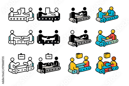 Office Conveyor Icons. Icon Set of Human conveyor belts in offices: document passing, handshake relay, file transfer line. Icons set in vector style,