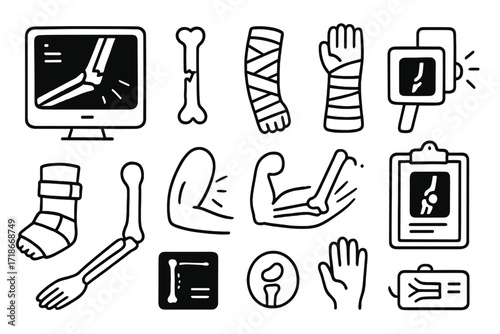 X-Ray Arm Illustration. Hand-drawn doodle illustration Arm X-ray humerus, elbow joint, forearm bones, wrist icon, scan screen, fracture line, cast, X-ray