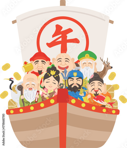 午年の、七福神と鶴と鹿を乗せた、宝船のイラスト｜午年素材