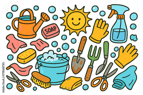Colorful Garden Doodles. Colorful Hand-drawn doodle Children illustration Cleaning garden tools bucket of water, sponge, soap, brush, rag, watering can, rusty