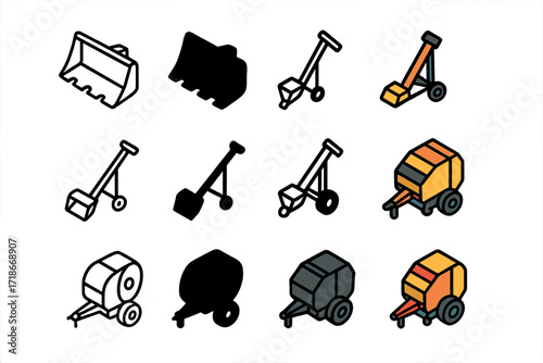 Agricultural Icons Collection. Icon Set of Agricultural Risks: Tractor blade, Grain auger, Hay baler. Icons set in vector style, emblematic variations. Tractor