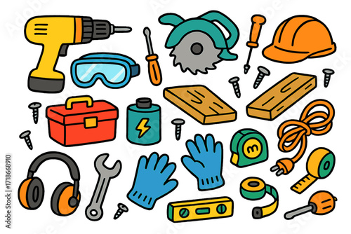 Kids' Tool Icons. Colorful Hand-drawn doodle Children illustration Power tools electric drill, circular saw, safety goggles, screwdriver, battery pack,