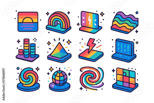 Isometric Light Effects. Colorful isometric vector icons set of Light Programming Scenes: sunset fade, rainbow loop, strobe pulse, wave pattern, beat match