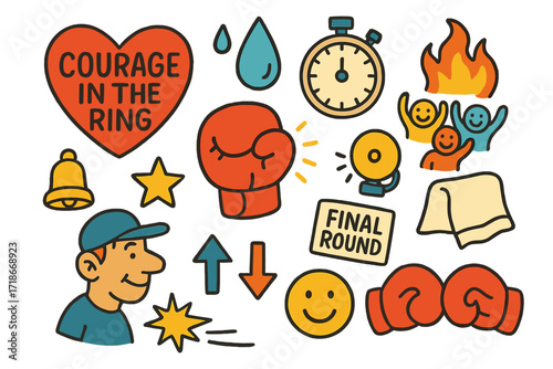 Courage in the Ring. Colorful Hand-drawn doodle Children illustration Courage in the Ring heart icon, boxing glove, roaring crowd, fire, sweat bead, timer,