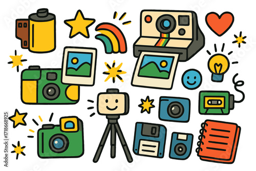 Colorful Photography Doodles. Colorful Hand-drawn doodle Children illustration Analog Photography [film roll, Polaroid camera, disposable camera, photo print,