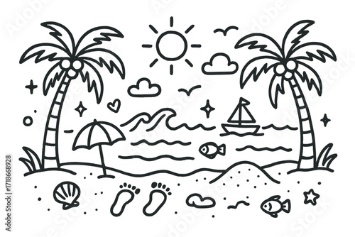 Beachside Doodle Icons. Hand-drawn doodle illustration Palm trees swaying on the beach [palm tree, coconut, wave, sun, cloud, star, sparkle, seashell, bird,