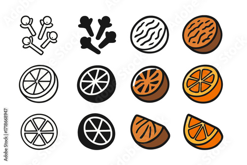 Cider Spice Icons. Icon Set of Cider Spices: Cloves, Nutmeg, Orange slice. Icons set in vector style, emblematic variations. Cloves line, Cloves solid black