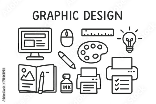 Graphic Design Tools. Graphic Design. Hand-drawn doodle illustration catalog mockup, computer screen, mouse, ruler, pencil, sketchbook, palette, typewriter,