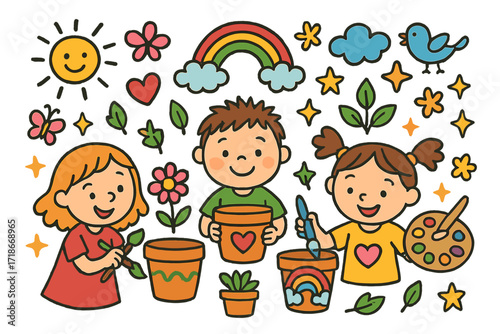 Kids Decorating Clay Pots. Colorful Hand-drawn doodle Children illustration Kids Decorating Clay Pots children smiling, flower pots, rainbow, butterflies,