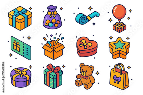 Colorful Party Icons. Party gifts. Colorful isometric vector icons set of party gifts: shiny present box, candy bag, toy whistle, balloon gift, gift voucher,