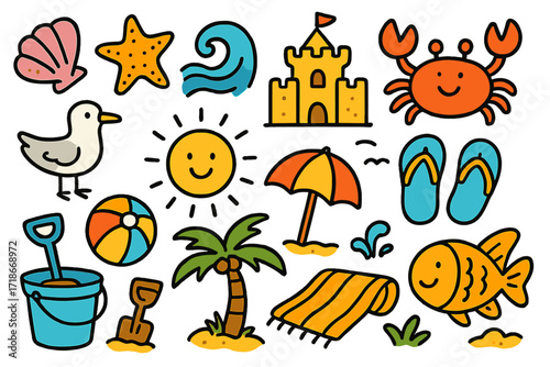 Beach Doodle Fun. Colorful Hand-drawn doodle Children illustration Shore seashell, starfish, wave, sandcastle, beach umbrella, crab, seagull, sun, flip-flops,