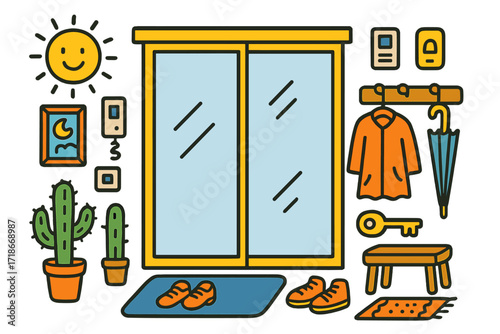 Playful Entryway Doodle. Colorful Hand-drawn doodle Children illustration Modern minimal entrance sliding door, glass panel, mat, potted cactus, intercom,