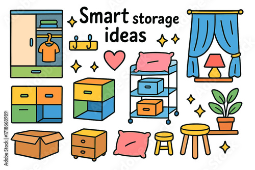 Smart Storage Doodle. Colorful Hand-drawn doodle Children illustration Smart storage ideas closet organizer, storage cubes, rolling shelf, wall hooks, heart,