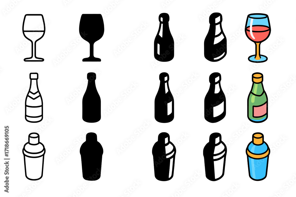 Fototapeta premium Grand Dinner Drink Icons. Icon Set of Drinks at Grand Dinner: Red wine glass, Champagne bottle, Cocktail shaker. Icons set in vector style,