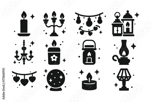 Romantic Lighting Icons. Romantic lighting. Solid icons set of romantic lighting: candle, candelabra, fairy lights, lantern, chandelier, scented candle,