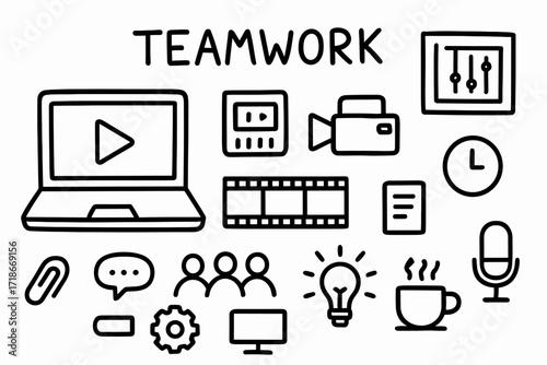 Video Project Teamwork Doodles. Hand-drawn doodle illustration Teamwork on video project laptop, play button, video editor icon, camera, timeline icon, clip