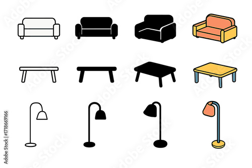 Minimalist Living Room Icons. Icon Set of Minimalist Living Room: Low sofa, Coffee table, Floor lamp. Icons set in vector style, emblematic variations. Low