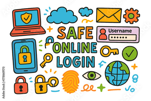 Digital Security Doodles. Colorful Hand-drawn doodle Children illustration Safe online login [login form, username field, password dots, smartphone, laptop,
