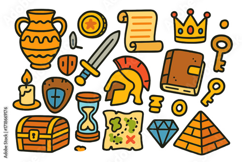 Ancient Artifacts Icons. Colorful Hand-drawn doodle Children illustration historic artifacts ancient vase, golden coin, scroll, crown, sword, shield, helmet,