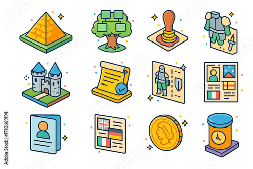 History Icons Collection. Colorful isometric vector icons set of history-themed student projects: pyramid model, family ancestry tree, wax seal stamp, diorama
