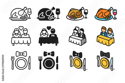 Festive Dinner Icons. Icon Set of Festive Dinner Themes: Holiday feast, Wedding banquet, Black-tie gala. Icons set in vector style, emblematic variations.