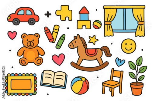 Playroom Doodles. Colorful Hand-drawn doodle Children illustration Playroom design toy car, puzzle piece, building blocks, ball, teddy bear, rocking horse,
