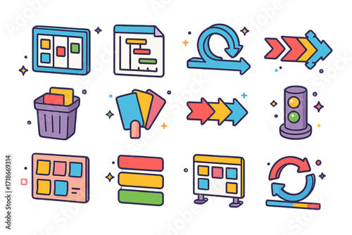 Isometric Project Icons. Colorful isometric vector icons set of visual project management: kanban board, Gantt chart, sprint icon, backlog bin, planning poker