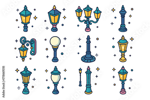 Colorful Street Lamp Icons. Colorful isometric vector icons set of classic street lamps: Victorian lamppost, gaslight-style lamp, triple-headed lantern, cast