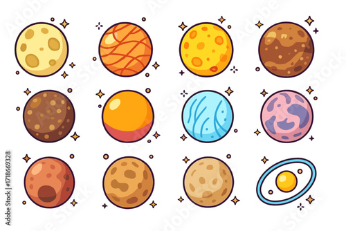 Vibrant Planetary Moons. Colorful isometric vector icons set of planetary moons: Earth?s Moon, Europa, Io, Ganymede, Callisto, Titan, Enceladus, Triton,