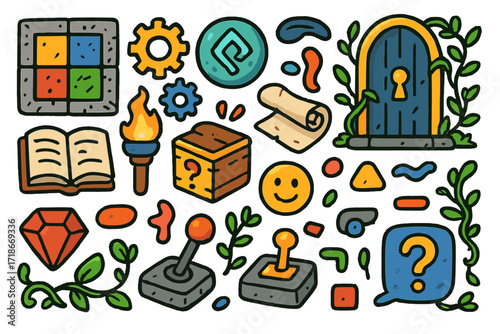 Magic Puzzle Elements. Colorful Hand-drawn doodle Children illustration Puzzle dungeon puzzle tile, gears, glowing rune, magic door, lever, book, torch,