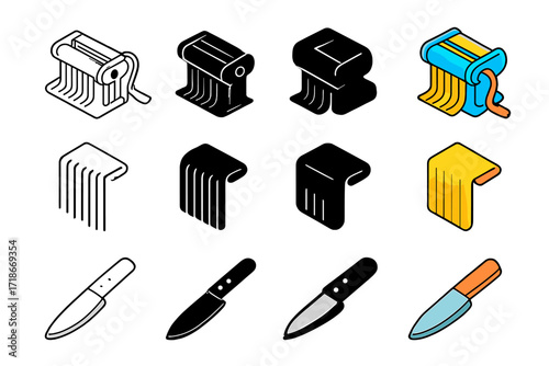 Pasta Icon Set. Icon Set of Fresh Pasta Making: Pasta machine, Sheet of pasta, Knife. Icons set in vector style, emblematic variations. Pasta machine line,