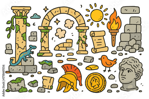 Ancient Ruins Doodle. Colorful Hand-drawn doodle Children illustration Ancient ruins crumbling columns, broken arch, stone blocks, vines, moss, torch, ancient