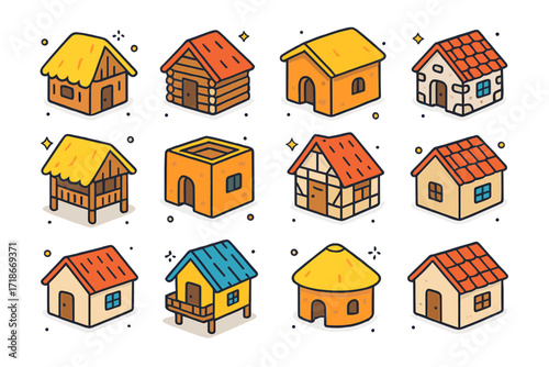 Colorful Village Icons. Colorful isometric vector icons set of Traditional Village Houses: thatched roof house, log cabin, mud house, stone cottage, bamboo