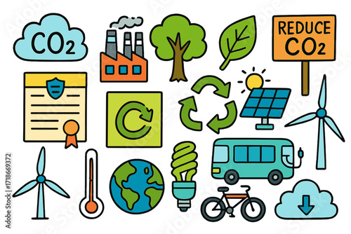 Eco-Friendly Children's Doodle. Colorful Hand-drawn doodle Children illustration Carbon reduction policies CO2 cloud, factory with filters, tree, green leaf,