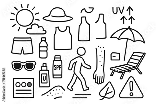 Sun Safety Essentials. Hand-drawn doodle illustration Outdoor sun exposure [bright sun, cloud, hat, shorts, sleeveless shirt, water bottle, sunglasses,