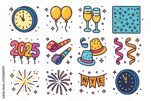 NYE Party Icons. Colorful isometric vector icons set of New Year?s Eve corporate party decor: countdown clock, golden balloons, champagne flutes, glitter
