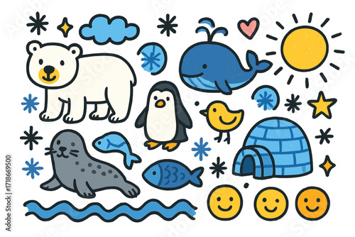 Arctic Animals Doodle. Colorful Hand-drawn doodle Children illustration Arctic Predators polar bear, seal, fish, penguin, whale, snowflake, igloo, waves, sun,