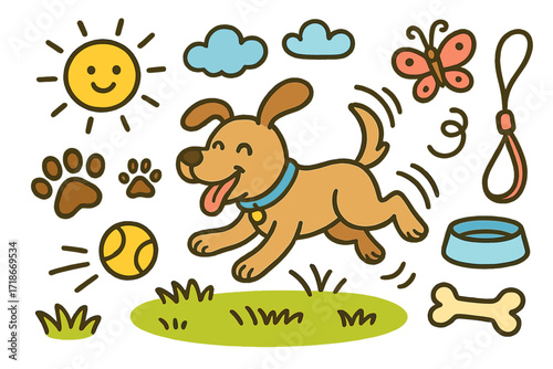 Playful Pet Adventure. Colorful Hand-drawn doodle Children illustration Playful Pet Chasing After a Ball happy dog, tennis ball, grass, paw print, wagging