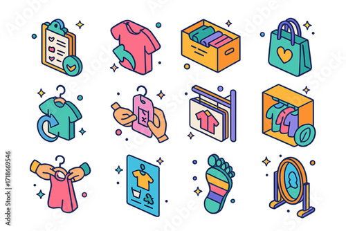 Ethical Fashion Icons. Colorful isometric vector icons set of Ethical fashion consumer habits: slow fashion checklist, wear more icon, closet organization box,