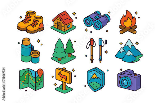 Mountain Retreat Icons. Colorful isometric vector icons set of mountain retreats: family hiking boots, cabin, binoculars, bonfire, thermos, pine trees, walking